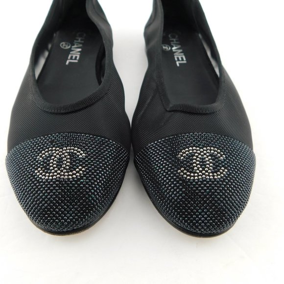 CHANEL Black Crystal CC Logo Cap Toe Mesh Suede Ballet Flats 37.5 - Picture 4 of 9